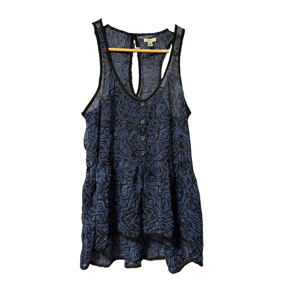ECOTE Womens Tank Top Size M  Blue Black Print Racerback Sheer Peplum Hi Low
